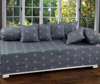 Dynamic Homes Cotton Printed Designer Floral Diwan Set with 8 Pieces - 1 Single bedsheet with 5 Cushions Covers and 2 Bolster Covers (Standard Size, Grey, Pink Dots)
