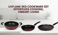Livflame Red Non-Stick Aluminum Cookware Set 3 pc - 20 cm Kadai, 20 cm Frypan & 25 cm Dosa Tawa