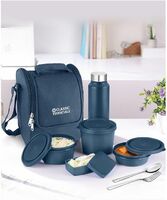 CLASSIC ESSENTIALS Supreme All in One Lunch Box with Insulated Bag | Microwave Safe Containers with Steel Inner | Leak Resistant (with Bottle, Blue, 4 Containers)