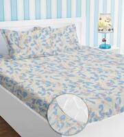  HOMEKART Premium Cotton Elastic Fitted Bedsheets with 2 King Size Pillow Covers Double Bed with All Around Elastic Supersoft Size - 72 x 78 +10 inches Flower Print Off White and Blue 200 tc - 220 tc 