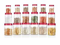 MILTON Vitro Airtight Pet Containers for Kitchen Storage, Food Grade, Stackable, Transparent Organizer Jars, Set Of 18 (6 X 230ml, 6 X 600ml, 6 X 1.18L) for Tea, Coffee, Sugar Red Wine