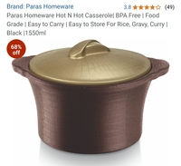 Paras Homeware  1550ml Hot N Hot Casserole| BPA Free | Food Grade | Easy to Carry | Easy to Store For Rice, Gravy, Curry | Black |