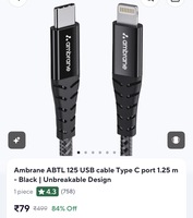 Zepto - Ambrane ABTL 125 USB cable Type C port 1.25 m - Black | Unbreakable Design