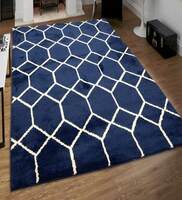 Blue Geometric Microfibre 4 ft x 6 ft Machine Made Carpet