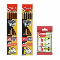 Maped 2B Pencil Set of 2 X 10pcs |Writing Pencils|20 2B Graphite Pencils, 4 Jumbo Erasers & 2 Free Erasers