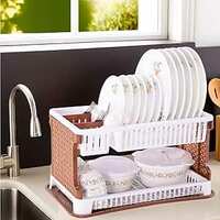 Kuber Industries Plastic 2 Tier Dish Drainer Rack for Kitchen | Kitchen Vessels Storage Rack | Bartan Stand | Drainer Drying Rack Washing Basket with Tray | Kitchen Utensils Organizer | Brown & White