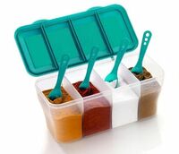 OLMARTT KITCHENWARE Sr Plastic 4 in 1 Multipurpose Masala Box for Kitchen Spice Boxes for Kitchen Transparent 4 Compartment Storage Containers Airtight Grocery Cereal1800 Ml with 4 Spoons (Multicolor)