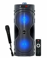 Amazon Basics Party Speaker with Karaoke Mic, 16W, 4" Double Woofer, RGB Light, 1800 mAh Battery, Digital Display, Remote Control, Bluetooth/Aux/USB Port/SD Card Connectivity