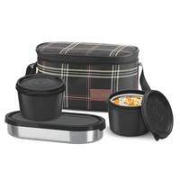 Milton Decker Lunch Box (3 Microwave Safe Inner Steel Containers 450 Ml Each) With Jacket, Black