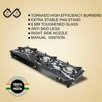 Sigri-Wala Cute 3B Toughened Glass Tornado Burner(Bk) Manual Gas Stove Stainless Steel (3 Burners)