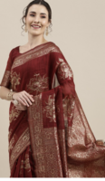Saree mall Maroon Floral Linen Blend Banarasi Saree
