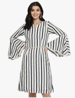 DEEBACO Women's A Line/Fit & Flare Knee Length Dresses for Women Bell Sleeve Printed Striped Dress Midi for Girls Western Lace Dresses (Pink, Blue, Green, Yellow)