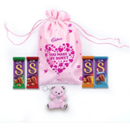Cadbury Dairy Milk Silk Special Assorted Valentine's Chocolates Potli Gift Pack with Teddy keychain, 232 g