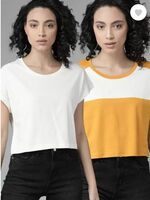 Roadster  Pack of 2 Women Colorblock Round Neck Pure Cotton Yellow T-Shirt