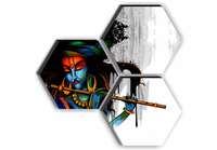 SAF paintings Set of 3 Hexagon Lord Krishna UV Textured MDF Home Decorative Gift Item Painting 17 Inch X 17 Inch SANFHX08SMALL