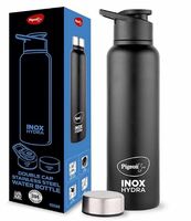 Pigeon Inox Hydra Duo, Dual Cap, Flipper Cap and Fridge Cap in one bottle, Easy to use, Multipurpose all in one bottle 900ml, Black