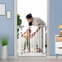 StarAndDaisy Baby Safety Gate for Kids/Gate for Stairs Kids Safety with Two Way Auto Close, No Dril Requried Retractable Staircase Gate Baby Safet with Adjustable Linkage Lock. (White 76-83)