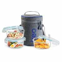 Treo by Milton All Fresh Borosilicate Glass Lunch Box Set of 3, Clear, 400 ml Each with Lunch Bag, Microwave & Dishwasher Safe, Leak Proof Containers Office Tiffin 
