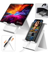  Tukzer Foldable Tablet & Mobile Stand Holder with Telescopic Height & Multi-Angle Adjustment| Anti-Slip Silicone Surface, Charging Slot| For Up to 12 Inch Screen iPad Tab, Smartphones, Kindle (Silver) 