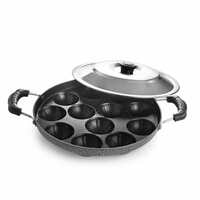 CELLO Non-Stick 12 Cavity Grill Appam Patra 2 Side Handle with Stainless Steel Lid | Appam Maker | Appam Patra | Appam pan | Litti Maker | Appe Stand