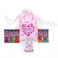 Cadbury Dairy Milk Silk Special Assorted Valentine's Chocolates Potli Gift Pack with Teddy keychain, 232 g