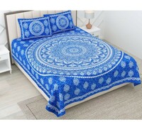  RajasthaniKart® Pure 100% Cotton Double Bed Sheet with 2 Pillow Covers (Bedsheet for Double Bed Cotton, Blue Star Jaipuri, King Size,5296) 