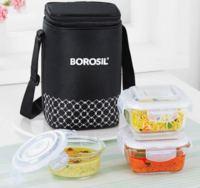  BOROSIL 3-Pcs Black Printed Glass Lunch Box With Insulated Lunch Bag
