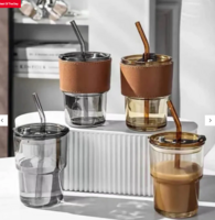 Assorted 400 ml Glass Coffee Tumbler With Straw & Anti-Slip Leather Sleeve 1 Pc
