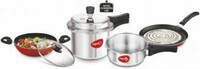 Pigeon by StoveKraft Limited 2 and 3 litre Pressure Cooker Outer Lid, 1 Flat Tawa 250 mm and 1 Kadai 240mm with Glass Lid Non-Stick Coated Cookware Set (Aluminium, 4 - Piec