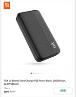 Flix Beetel Ultra Charge P25 Power Bank, 20000mAh, 22.5W (Black) on