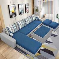 CASASTYLE Adonia 8 Seater Fabric LHS Sectional L Shape Sofa Set with 1 Centre Table & 2 Puffy (Dark Blue- Light Grey)
