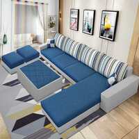 CASASTYLE Adona 8 Seater Fabric RHS Sectional L Shape Sofa Set with Centre Table & 2 Puffy (Dark Blue- Light Grey)