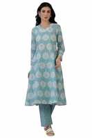 W for Woman Blue Floral Printed A-line Pure Cotton Kurta and Pants Co-ord Set