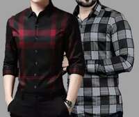 Men Striped Casual Red, Grey Shirt