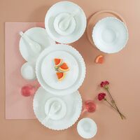Larah by Borosil Plain White Silk Series Opalware Dinner Set | 35 Pieces for Family of 6 