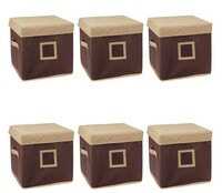 Amazon Brand - Solimo Fabric Square Storage Box with Lid, Small (Beige and Brown) -Set of 6