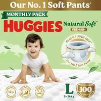 Huggies Natural Soft Premium Baby Diaper Pants, Our No.1 Soft Pants, Large (L) Size (9-14 Kgs), Monthly Pack of 100 diapers
