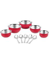 apply 143 coupon  : HOMETALES Stainless Steel Serving Handi Set of 10 U (5 U Handi & 5 U Serving Spoons), Red Color (Induction Compatible)