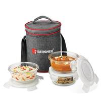 BERGNER Fresh Lunch Premium 3 Pcs Lunch Box Set - Microwave Safe and Leak Proof 3 Glass Containers (400ml Each) with BPA Free Lids, Fabric Bag with Shoulder Strap, Dishwasher Safe - Transparent/Grey