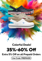Crocs Colorful Deals - 35% - 60% off on Footwear + Extra 5% off on all prepaid orders