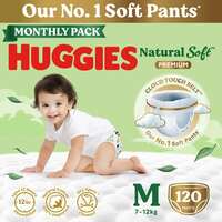 Huggies Natural Soft Premium Baby Diaper Pants, Our No.1 Soft Pants, Medium (M) Size (7-12 Kgs), Monthly Pack of 120 diapers | Cloud Softness All over with India's 1st Cloud Touch Belt