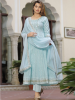 SINGNI Ethnic Motifs Printed Mirror Work Anarkali Kurta with Trousers & Dupatta