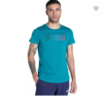 PUMA  Multicolor Logo Tee Men Typography Round Neck Cotton Blend Green T-Shirt