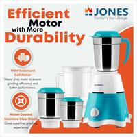 Jones Thunder Pro 750 Watt Mixer Grinder with 4 Jars for Grinding, Mixing, Juicing with Powerful Motor (Blue & White, 4 Jars)
