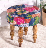 Roswell Round Stool With Fruit Print Kantha Upholstery In Blue Colour