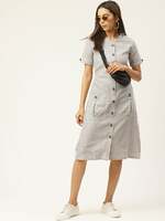 Cottinfab Off White & Grey Cotton Striped Shirt Dress