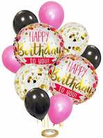 AMFIN® (Pack of 11) Happy Birthday Round Foil Balloon Combo with Confetti Balloons & Ribbon for Girlfriend, Wife Party Decorations / 1st Birthday Balloons Decoration Kit for Baby Girl - Pink & Black