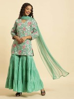 W Green Printed Kurti Sharara Set With Dupatta