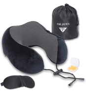 FUR JADEN Memory Foam Luxury Travel Neck Support Rest Pillow Eye Mask, Noise Isolating Ear Plugs Portable Combo (Black)