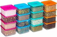 Amazon Brand - Solimo Fresia Modular Container with Lid | Airtight | BPA-free | Transparent | Microwave-friendly | 670 ml each | Set of 16 | Blue X 4, Orange X 4, Pink X 4, Green X 4